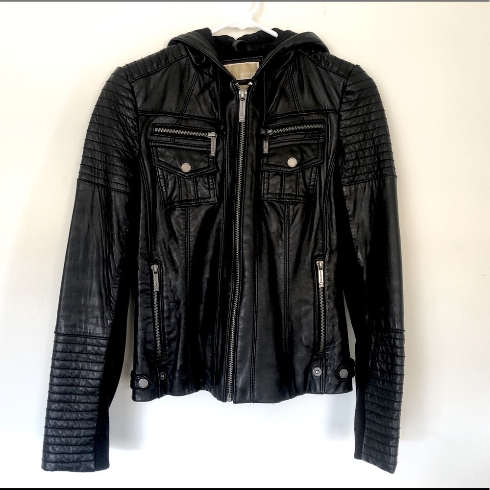Michael Kors Biker Leather Jacket w Hood
